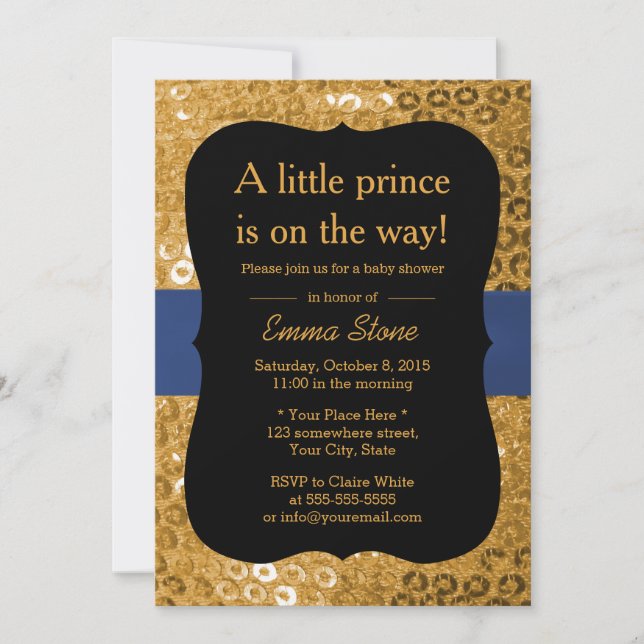 Royal Blue Ribbon Black & Guld Baby Shower Inbjudningar (Framsida)