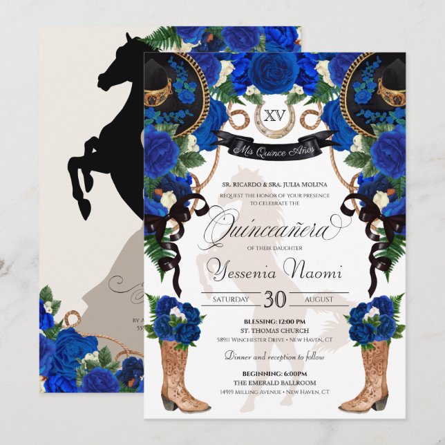 Royal Blue Ro & Black Western Charro Quinceanera Inbjudningar (Fram/baksida)