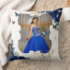 Royal Blue Ro Blommigt Bild Quinceañera Memento Kudde