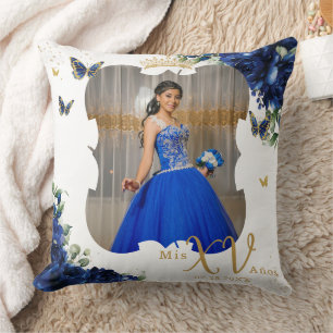 Royal Blue Ro Blommigt Bild Quinceañera Memento Kudde