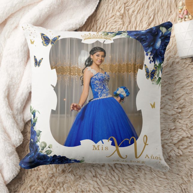 Royal Blue Ro Blommigt Bild Quinceañera Memento Kudde (Filt)