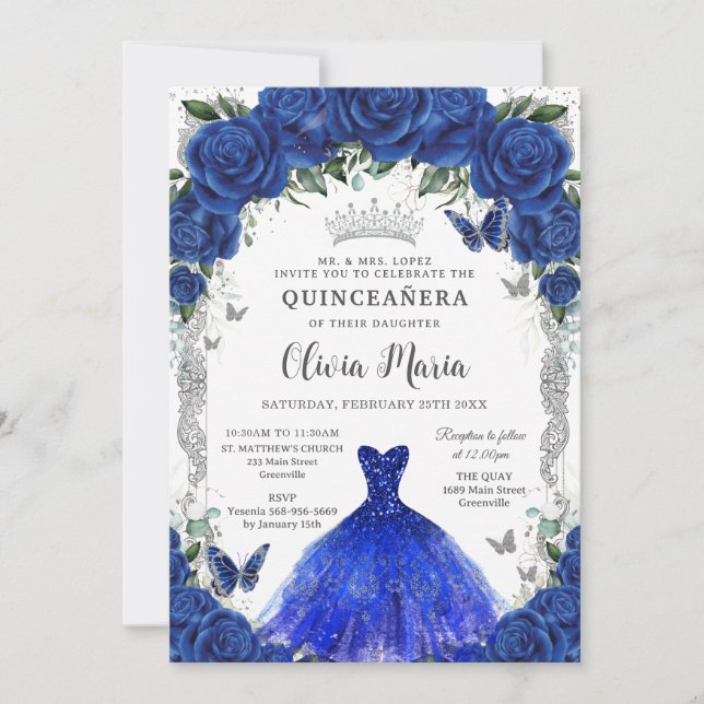 Royal Blue Ro Blommigt Dress Quinceañera Silver Inbjudningar (Framsida)