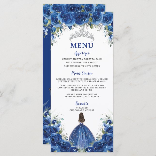Royal Blue Ro Blommigt Girl Dress Quinceañera Menu Program (Fram/baksida)