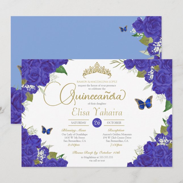 Royal Blue Ro Blommigt Tiara Butterfly Quinceanera Inbjudningar (Fram/baksida)