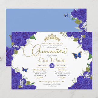 Royal Blue Ro Blommigt Tiara Butterfly Quinceanera Inbjudningar