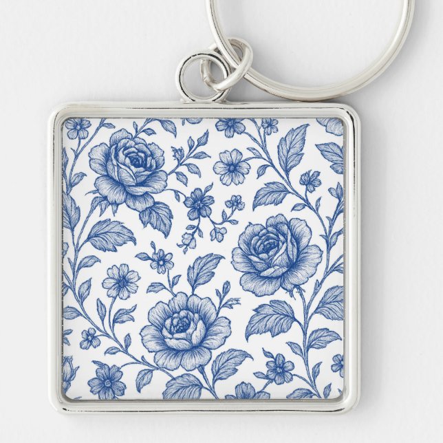 Royal Blue Ro Blommönster Fyrkantig Silverfärgad Nyckelring (Framsidan)