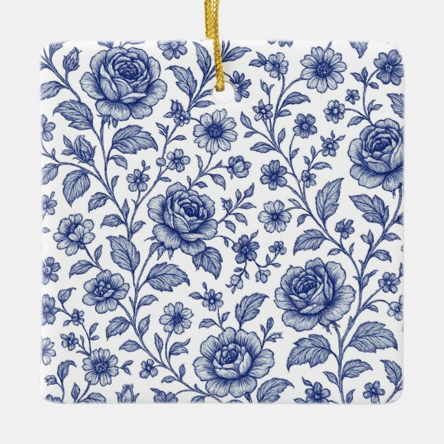 Royal Blue Ro Blommönster Julgransprydnad Keramik (Framsida)