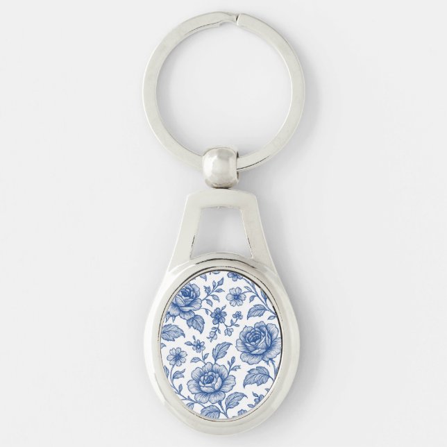 Royal Blue Ro Blommönster Ovalt Silverfärgad Nyckelring (Framsidan)