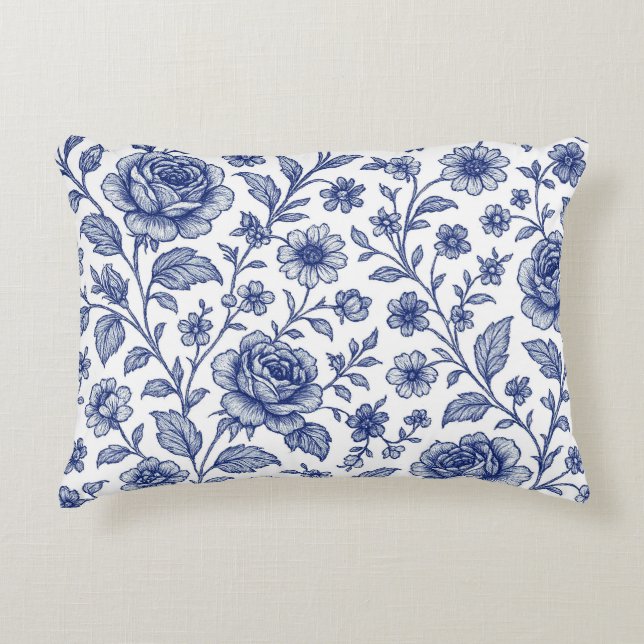 Royal Blue Ro Blommönster Prydnadskudde (Framsidan)