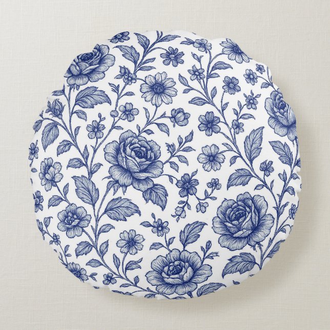 Royal Blue Ro Blommönster Rund Kudde (Framsidan)