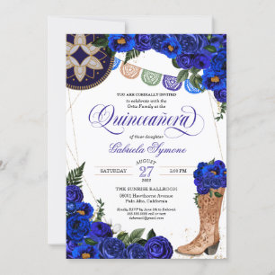 Royal Blue Ro Charra Cowgirl Western Quinceañera Inbjudningar