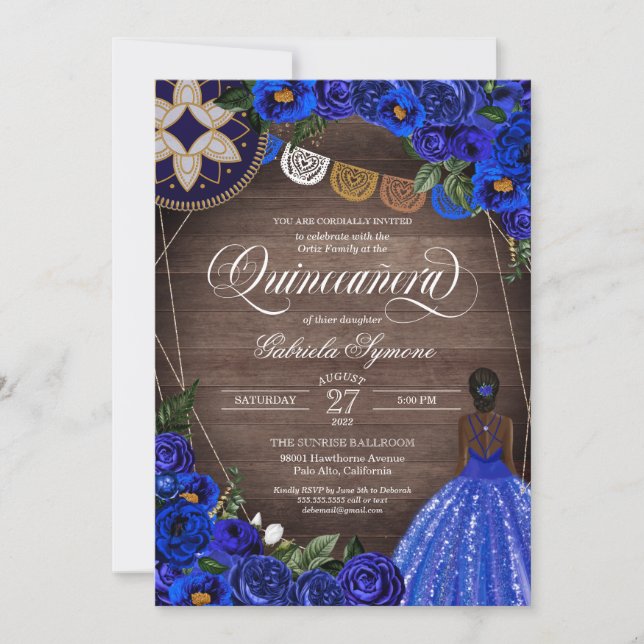 Royal Blue Ro Charro Land Glam Quinceanera Inbjudningar (Framsida)