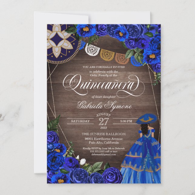 Royal Blue Ro Charro/Mariachi Rustic Quinceanera Inbjudningar (Framsida)