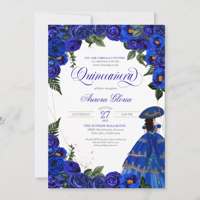 Royal Blue Ro Elegant Charro Dress Quinceaner Inbjudningar (Framsida)