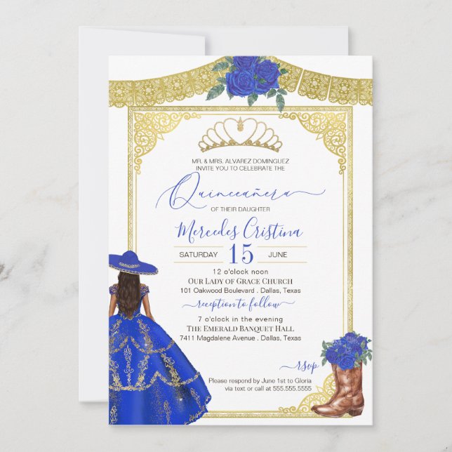Royal Blue Ro Elegant Western Charro Quinceanera Inbjudningar (Framsida)