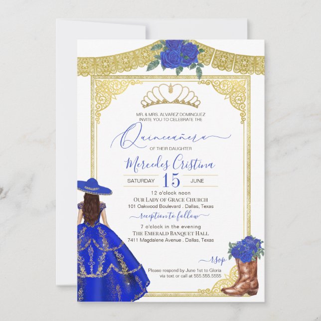 Royal Blue Ro Elegant Western Charro Quinceanera Inbjudningar (Framsida)