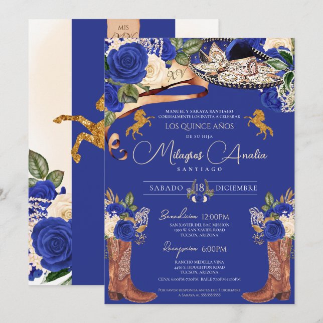 Royal Blue Ro Finare Mariachi Charro Quinceanera Inbjudningar (Fram/baksida)
