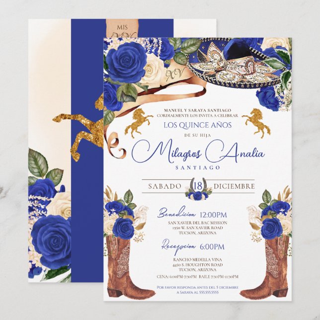 Royal Blue Ro Finare Western Charro Quinceanera Inbjudningar (Fram/baksida)