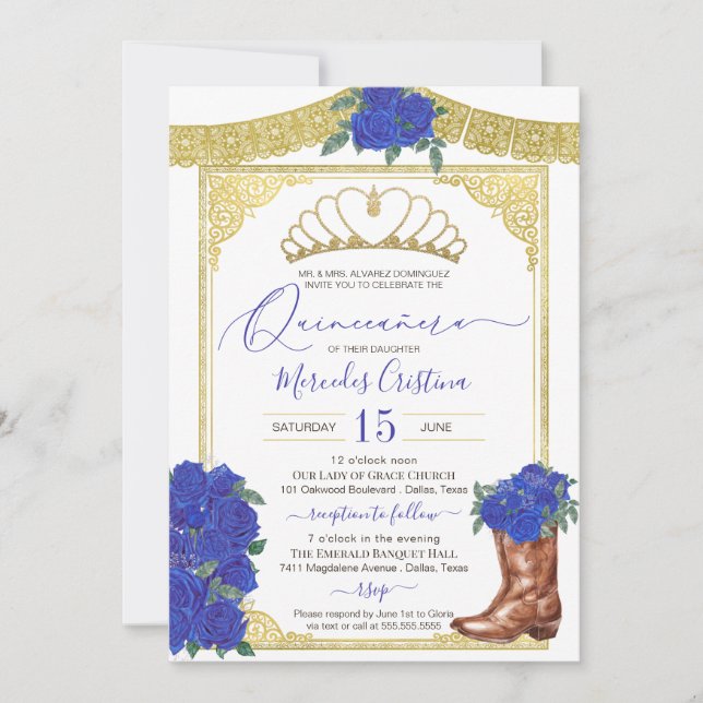 Royal Blue Ro Guld Blommigt Charro Quinceanera Inbjudningar (Framsida)