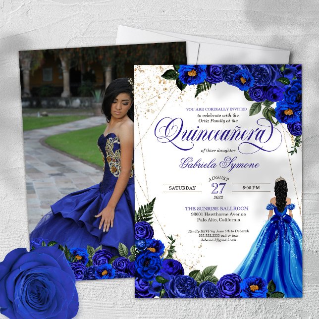 Royal Blue Ro & Guld Elegant Photo Quinceañera Inbjudningar (Skapare uppladdad)