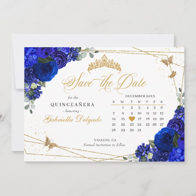 Royal Blue Ro & Guld Quinceañera Spara datum Inbjudningar (Framsida)