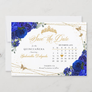 Royal Blue Ro & Guld Quinceañera Spara datum Inbjudningar