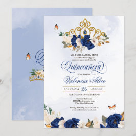 Royal Blue Ro Guld Tiara Butterfly Quince Inbjudningar