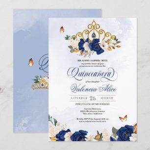 Royal Blue Ro Guld Tiara Butterfly Quince Inbjudningar