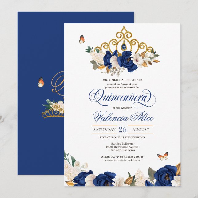 Royal Blue Ro Guld Tiara Butterfly Quinceañera Inbjudningar (Fram/baksida)