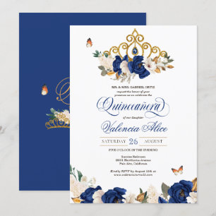 Royal Blue Ro Guld Tiara Butterfly Quinceañera Inbjudningar