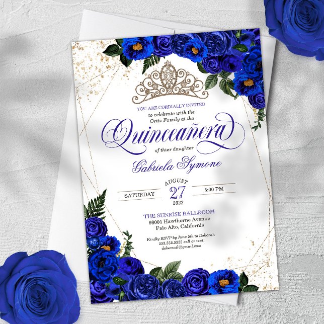 Royal Blue Ro & Guld Tiara Elegant Quinceañera Inbjudningar (Skapare uppladdad)