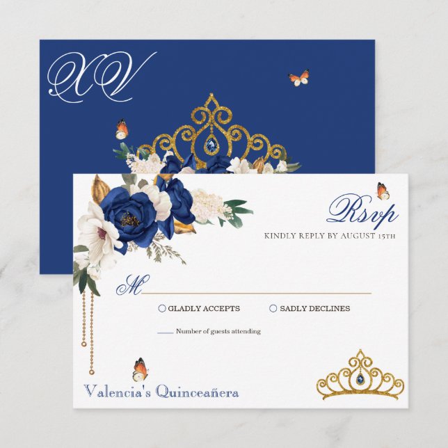 Royal Blue Ro Guld Tiara Quinceanera OSA Kort (Fram/baksida)