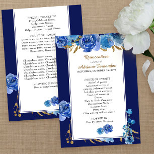 Royal Blue Ro och Elegant Guld Löv Quinceanera Program