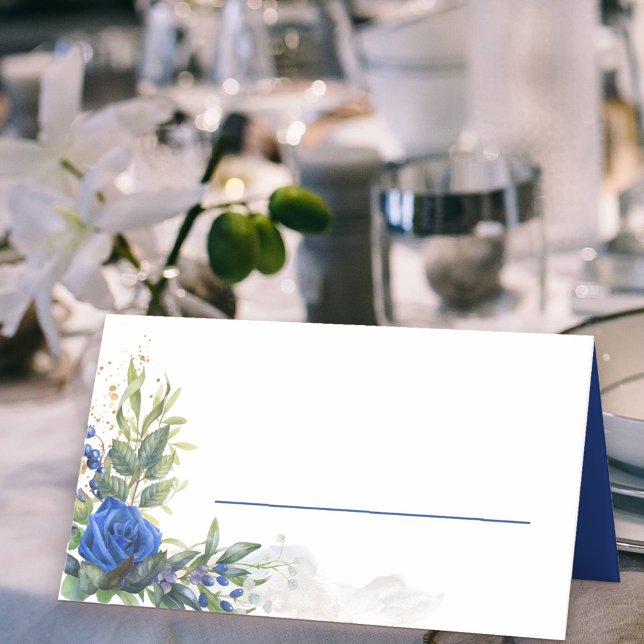 Royal Blue Ro och Eucalyptus Löv Placeringskort (Place Cards with blue rose floral arrangement and space to write your guest's name)