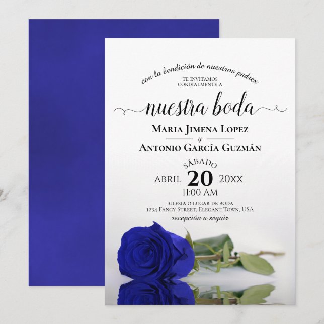 Royal Blue Ro Spanska Nuestra Boda Bröllop Inbjudningar (Fram/baksida)
