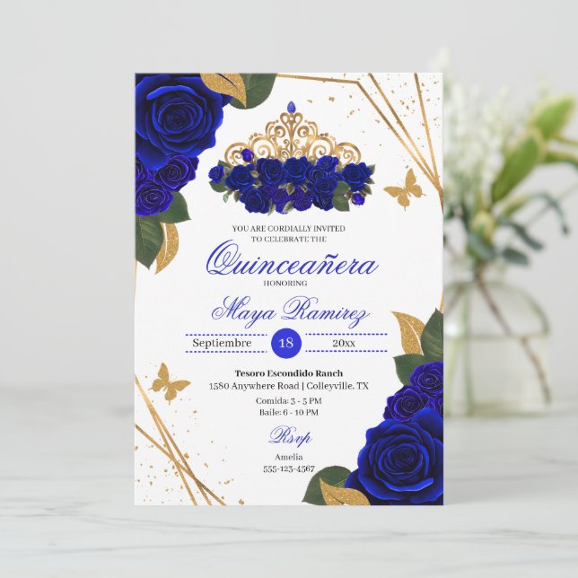 Royal Blue Ro Tiara Guld Glitter Quinceañera Inbjudningar (Stående Fram)