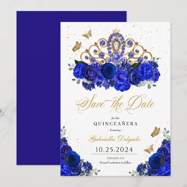 Royal Blue Ro Tiara Spara datumet Quinceañera Inbjudningar (Fram/baksida)