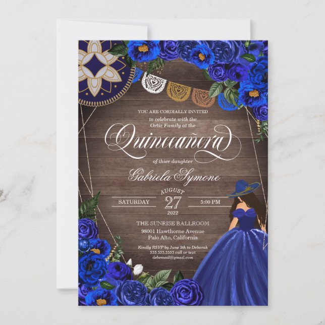 Royal Blue Ro Western Charro Rustic Quinceanera Inbjudningar (Framsida)