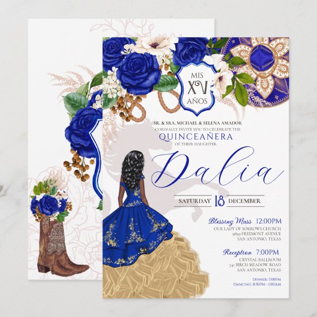 Royal Blue Ro Western Charro Vapensköld Quinceaner Inbjudningar (Fram/baksida)