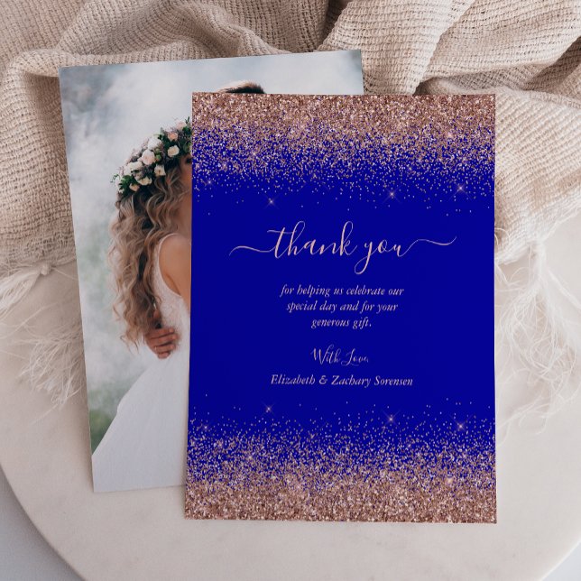 Royal Blue Rosa Guld Glitter Foto Bröllop Tack Kort (Skapare uppladdad)