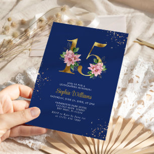 Royal Blue & Rosa Magnolia Blommigt Quinceanera Inbjudningar