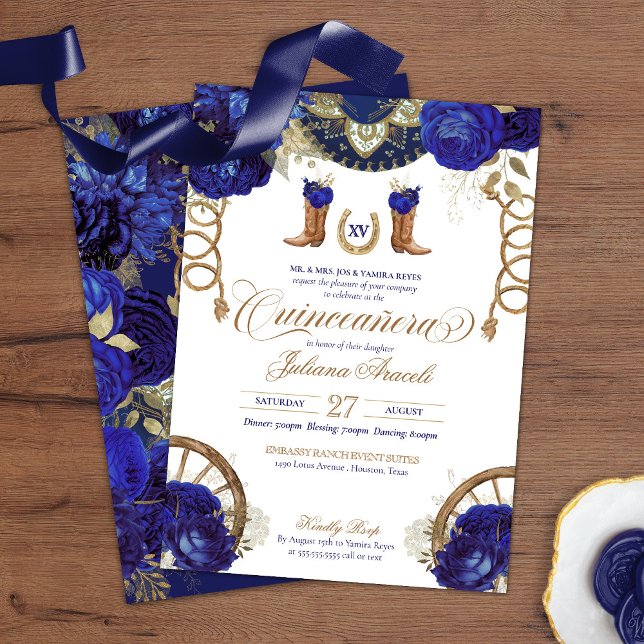 Royal Blue Rose Country Western Charro Quinceañera Inbjudningar (Skapare uppladdad)