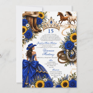 Royal Blue Rose Sunflower Vaquera Quinceañera Inbjudningar