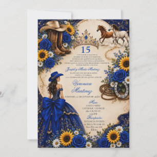 Royal Blue Rose Sunflower Western Quinceañera  Inbjudningar