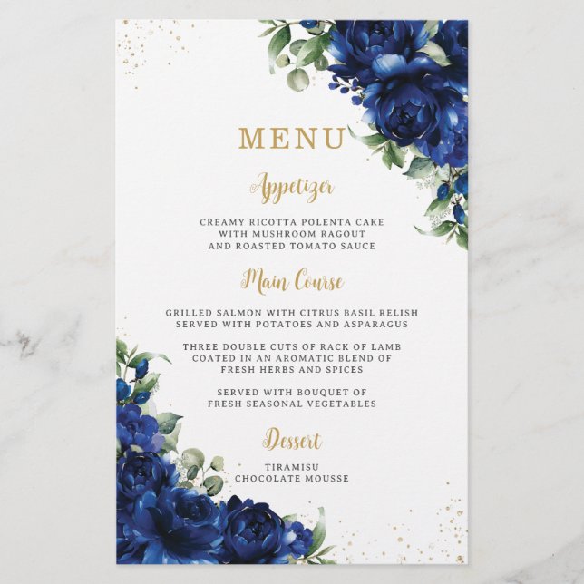 Royal Blue Roses Floral Flowers Menu Sheet  Flygblad (Framsidan)