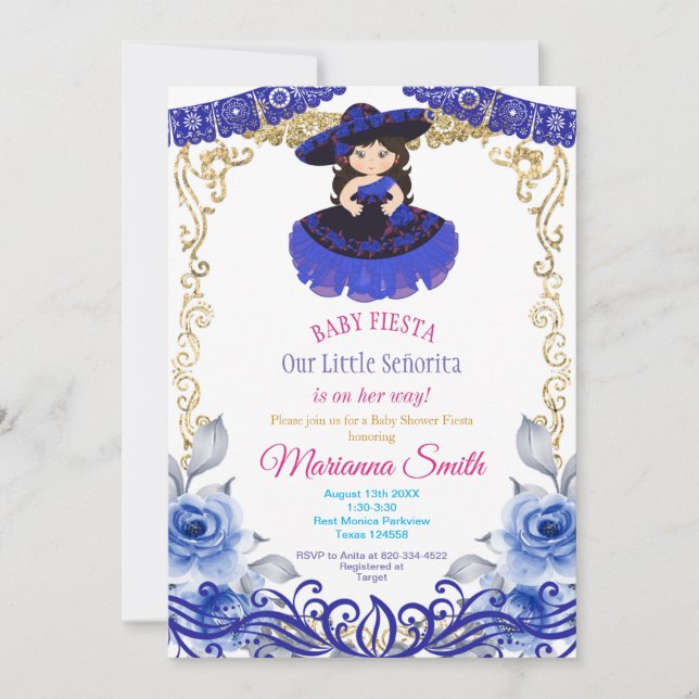 Royal Blue Rosor Mexikansk Fiesta Bebis Shower  Inbjudningar (Framsida)