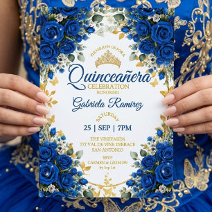 Royal Blue Rosor Quinceañera Gyllene Fjärilar Inbjudningar