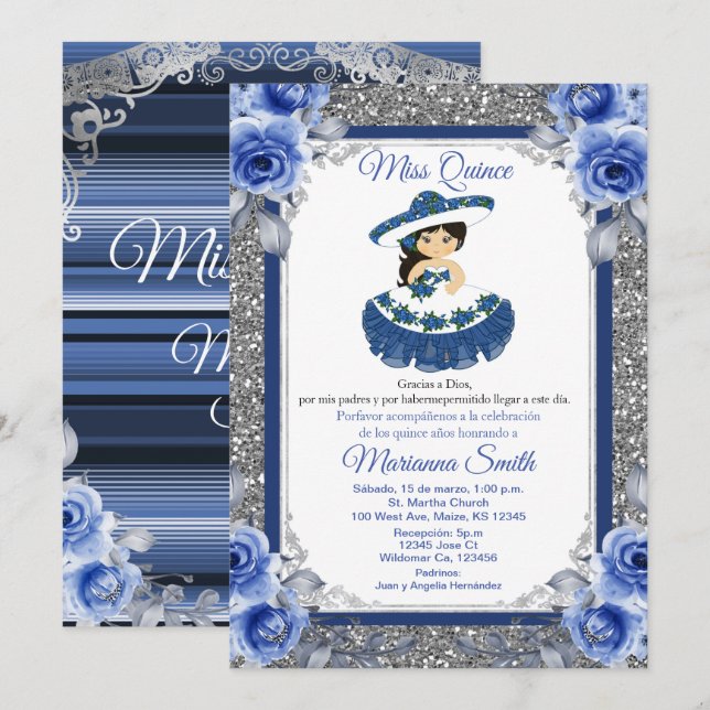 Royal Blue Rosor Quinceañera inbjudan (Fram/baksida)
