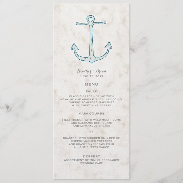 Royal Blue Rustic Anchor Bröllop Menu Meny (Framsida)
