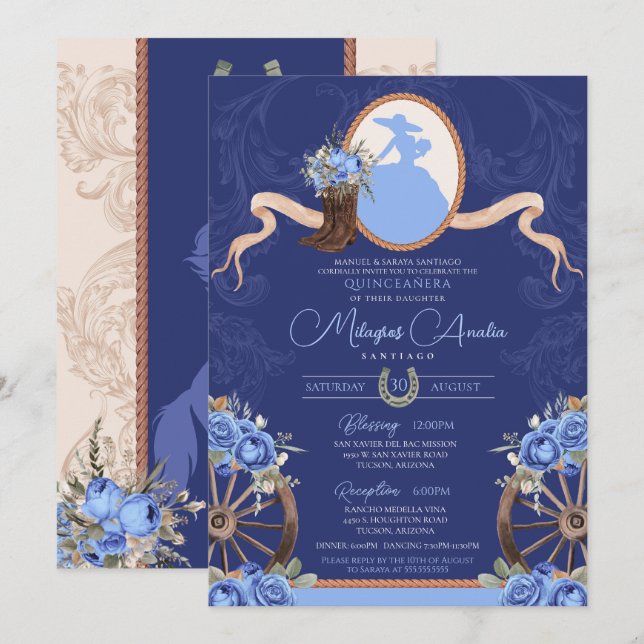 Royal Blue Rustic Baroque Charro Quinceanera Inbjudningar (Fram/baksida)